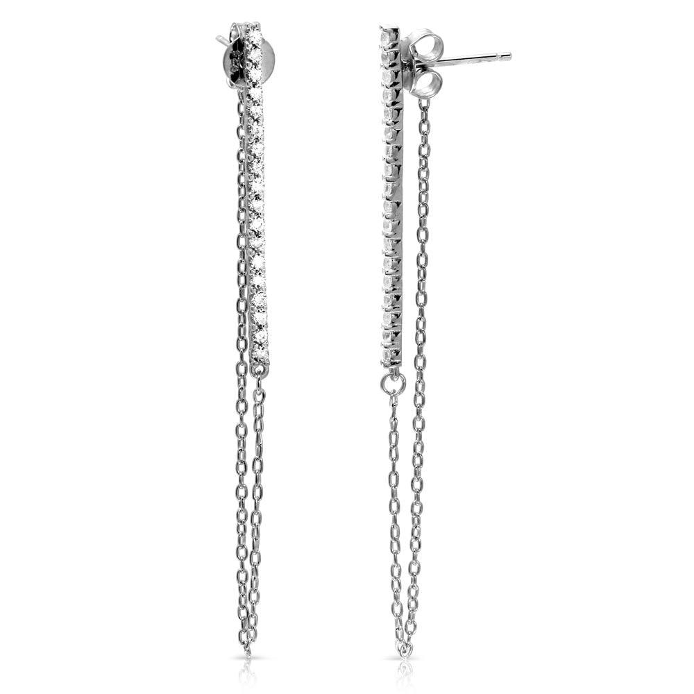 Rhodium Plated 925 Sterling Silver Vertical Line Bar with CZ Earrings - BGE00521