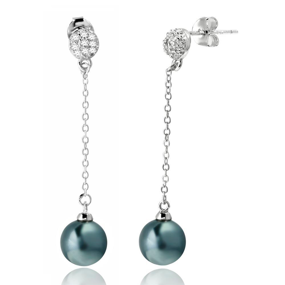 Rhodium Plated 925 Sterling Silver Half Ball CZ with Dangling Synthetic Grey Pearls - BGE00527