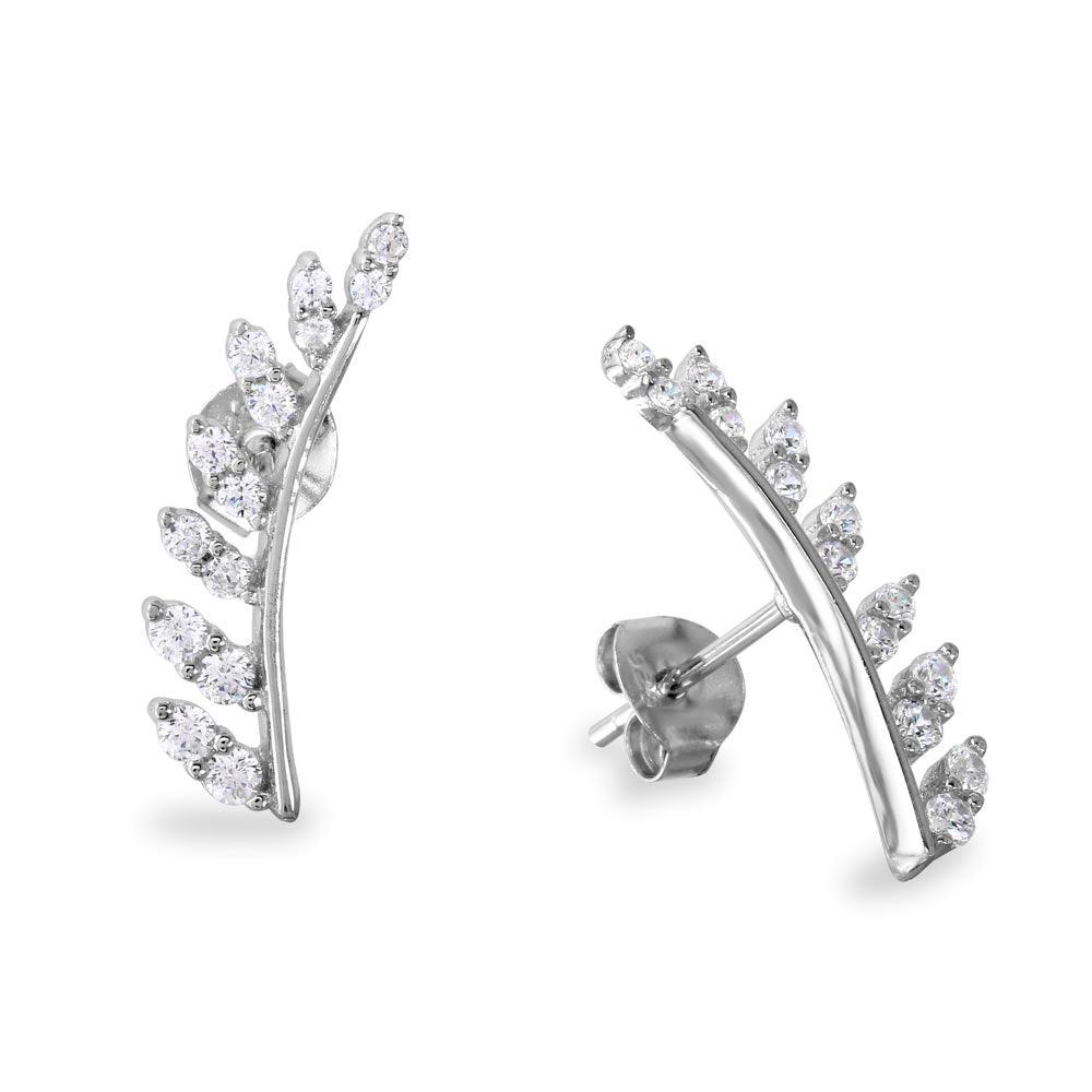 Rhodium Plated 925 Sterling Silver Leaf with CZ Earrings - BGE00530