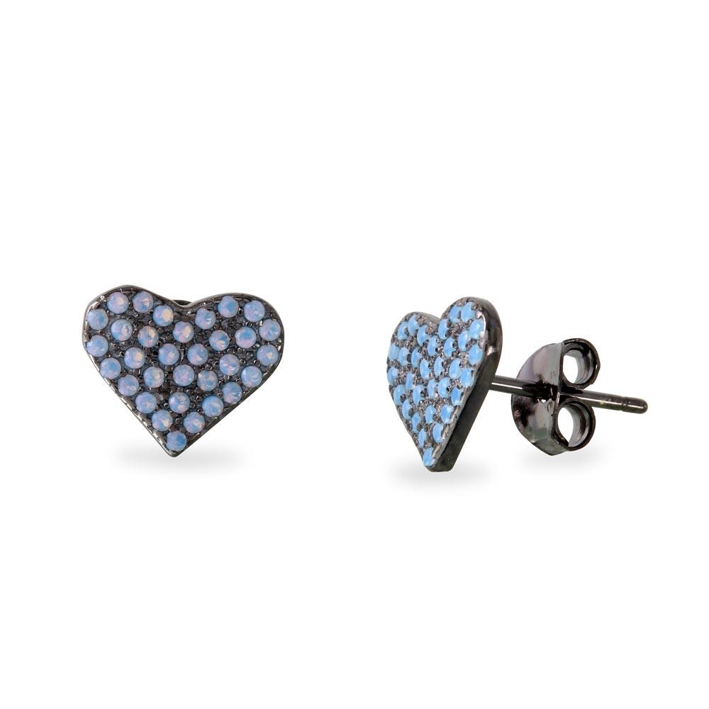 Black Rhodium Plated 925 Sterling Silver Heart Earrings with Round Blue CZ - BGE00540