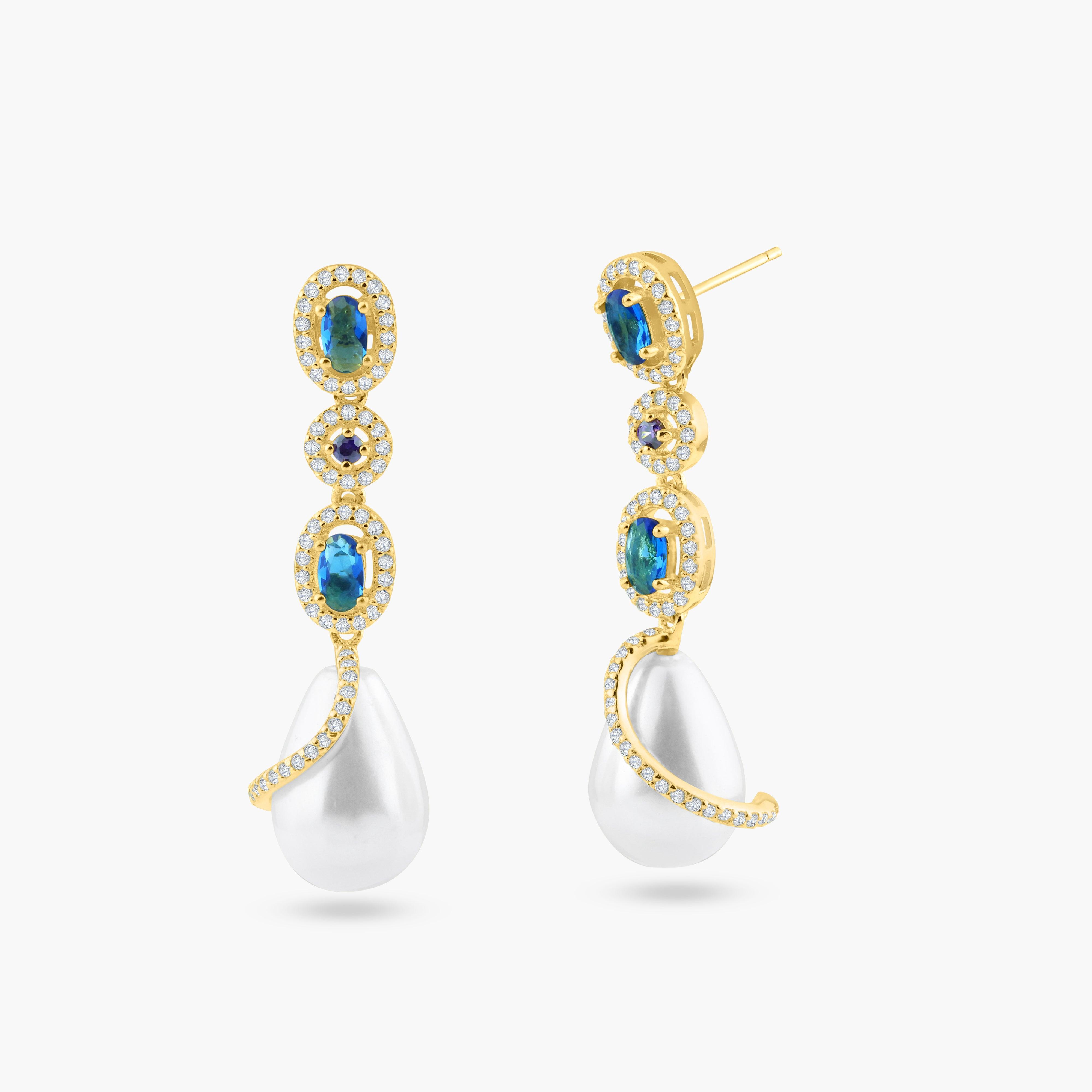 Gold Plated 925 Sterling Silver Multi Color CZ Dangling Earring with CZ Wrapped Synthetic Pearls - BGE00544