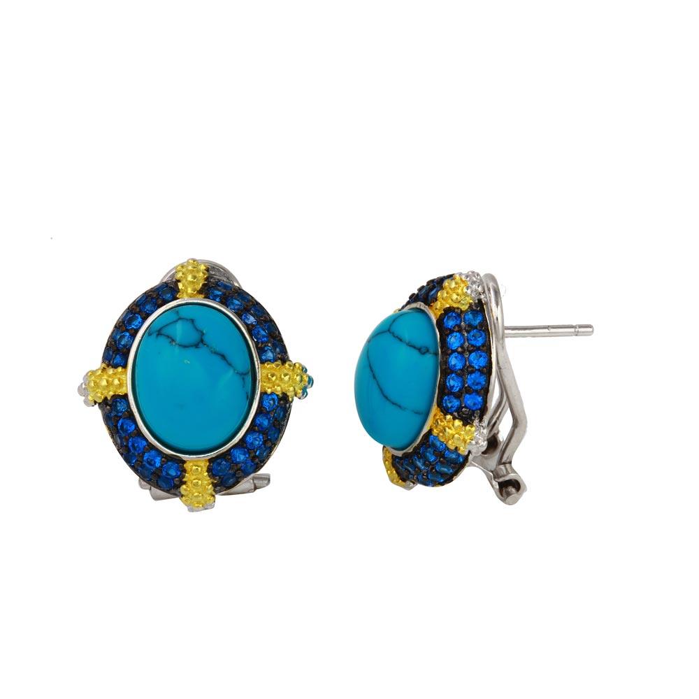 Rhodium Plated 925 Sterling Silver Turquoise Bead Earring with Yellow and Blue Round CZ - BGE00543