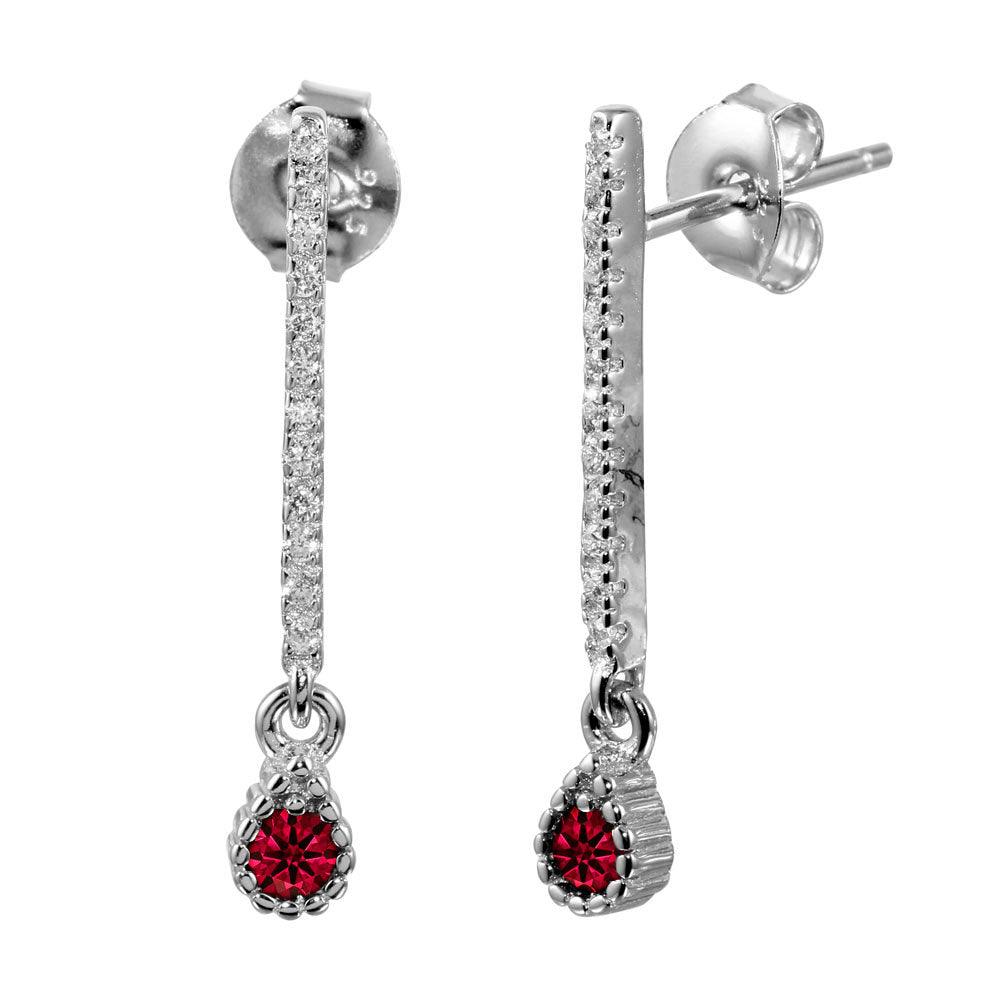 Rhodium Plated 925 Sterling Silver Red CZ Bar Drop Earrings - BGE00557RED