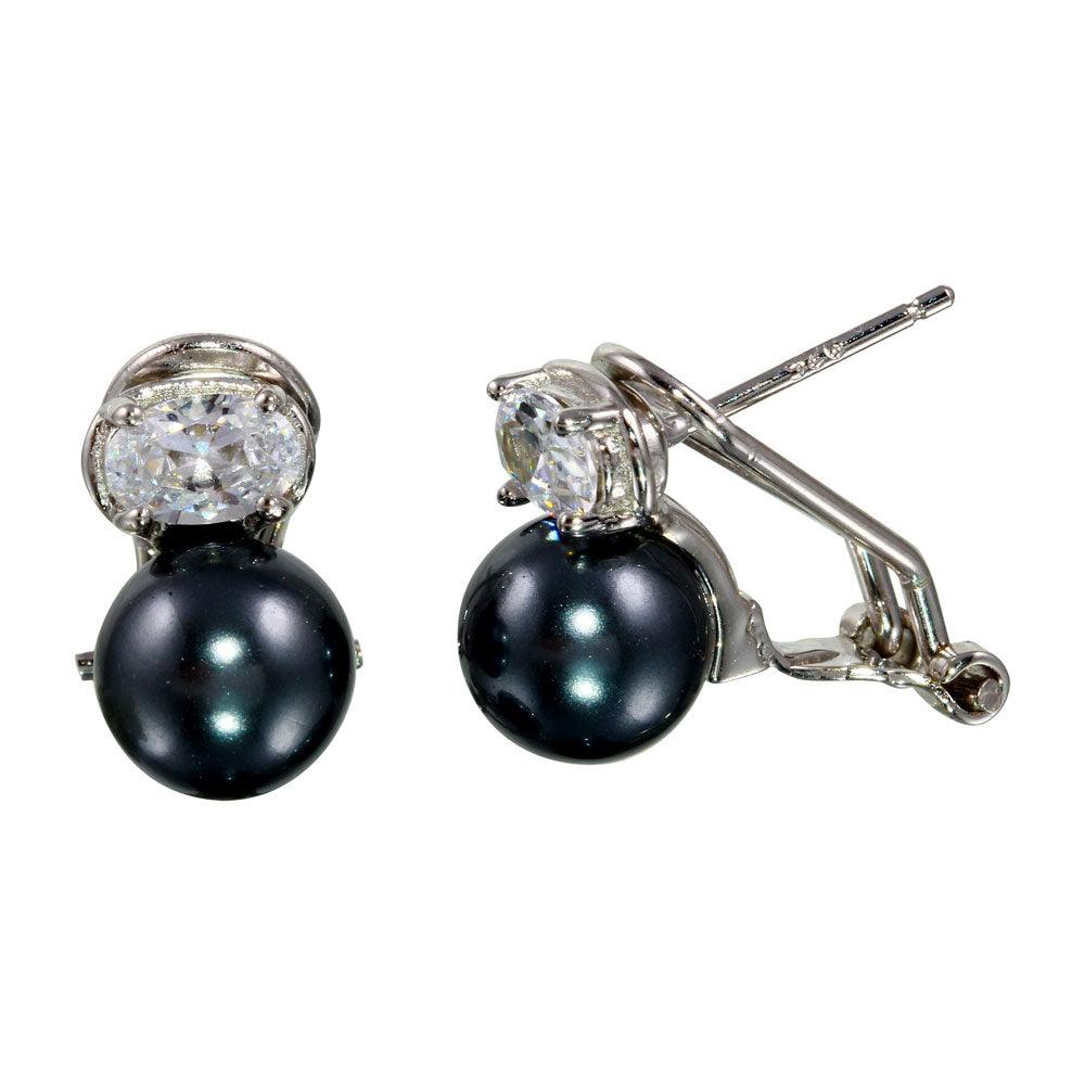 Rhodium Plated 925 Sterling Silver Synthetic Gray Pearl with Oval CZ Lever Back Earrings - BGE00562