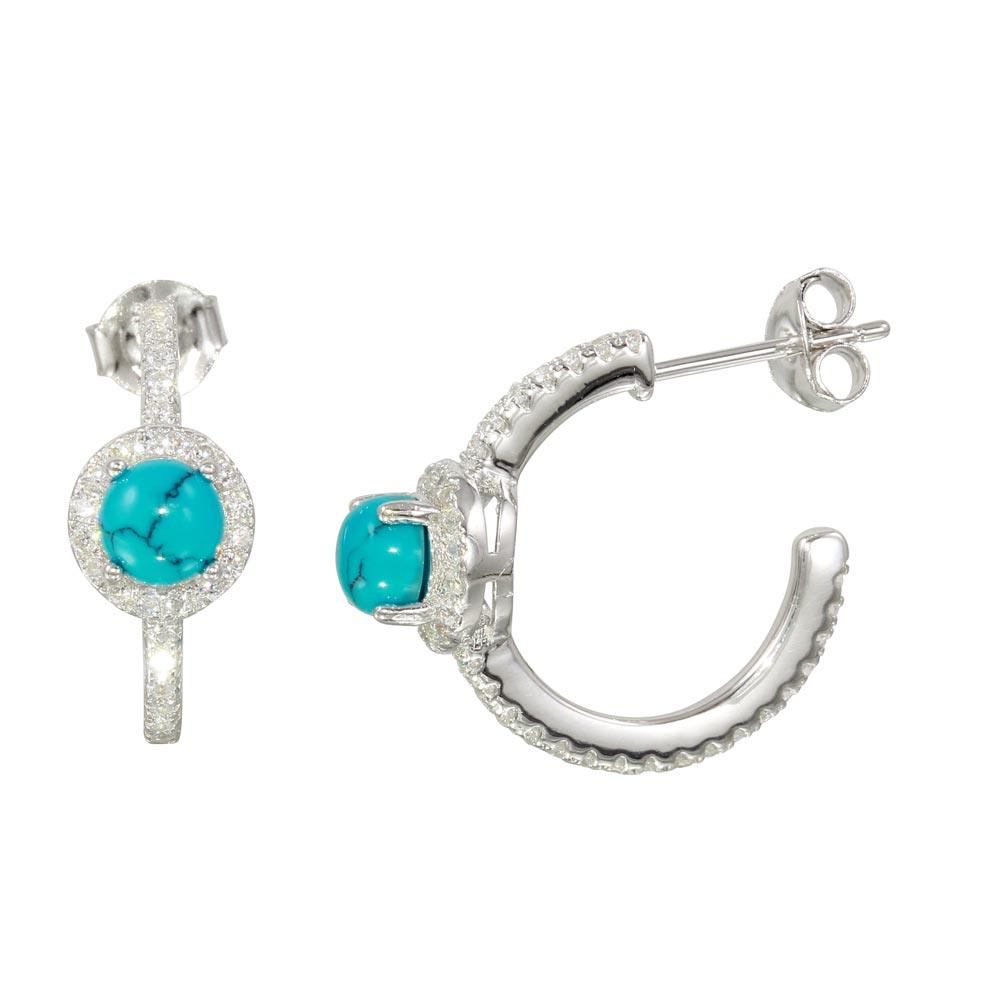 Rhodium Plated  925 Sterling Silver Semi-Hoop CZ Earrings with CZ and Aqua Stone - BGE00569AQ