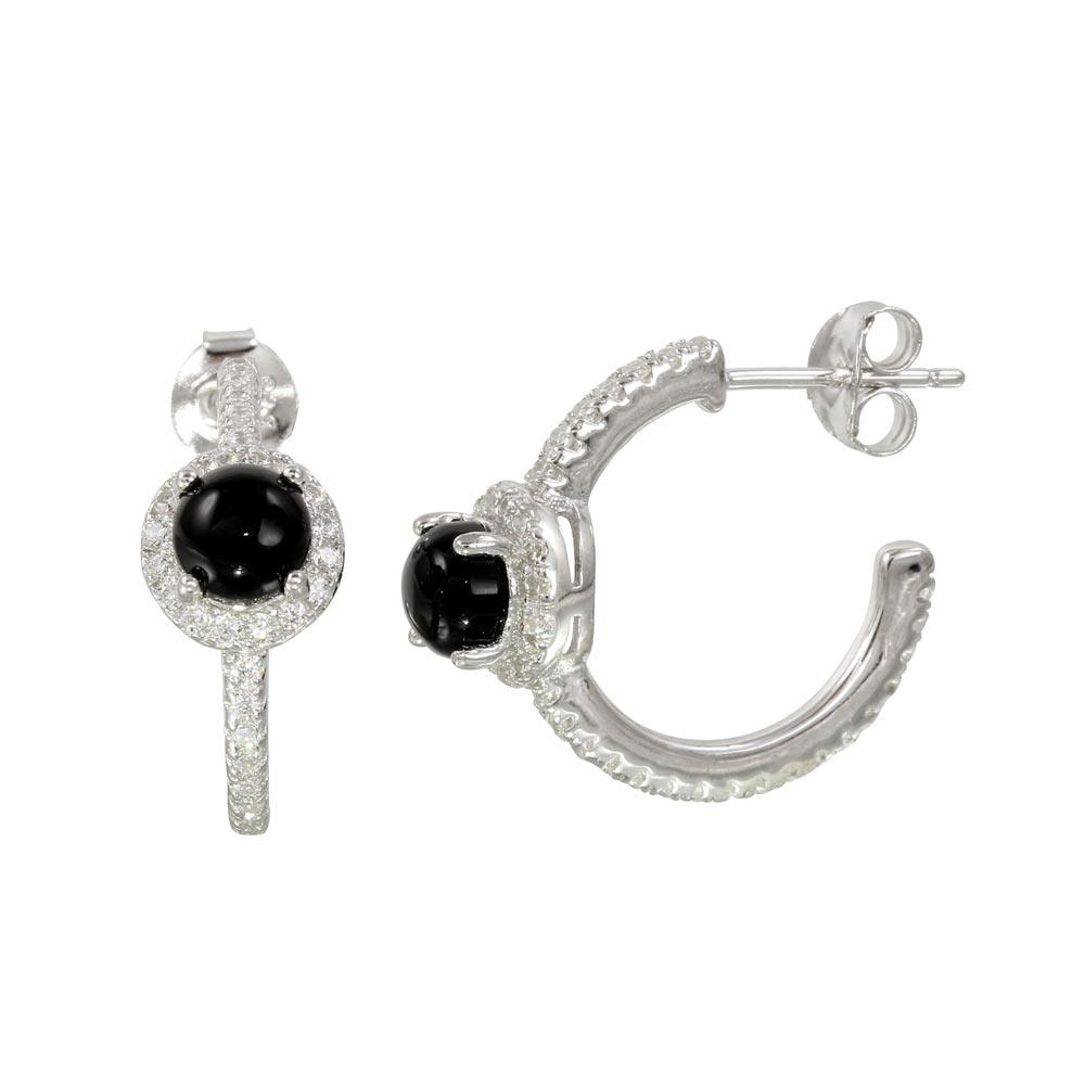 Rhodium Plated  925 Sterling Silver Semi-Hoop CZ Earrings with CZ and Black Stone - BGE00569BLK