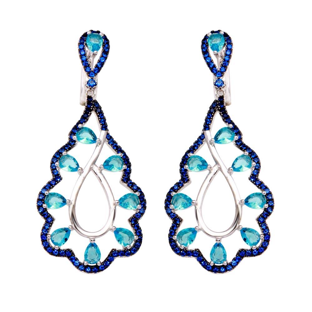 Rhodium Plated 925 Sterling Silver Teal and Blue CZ Teardrop Earrings - BGE00582