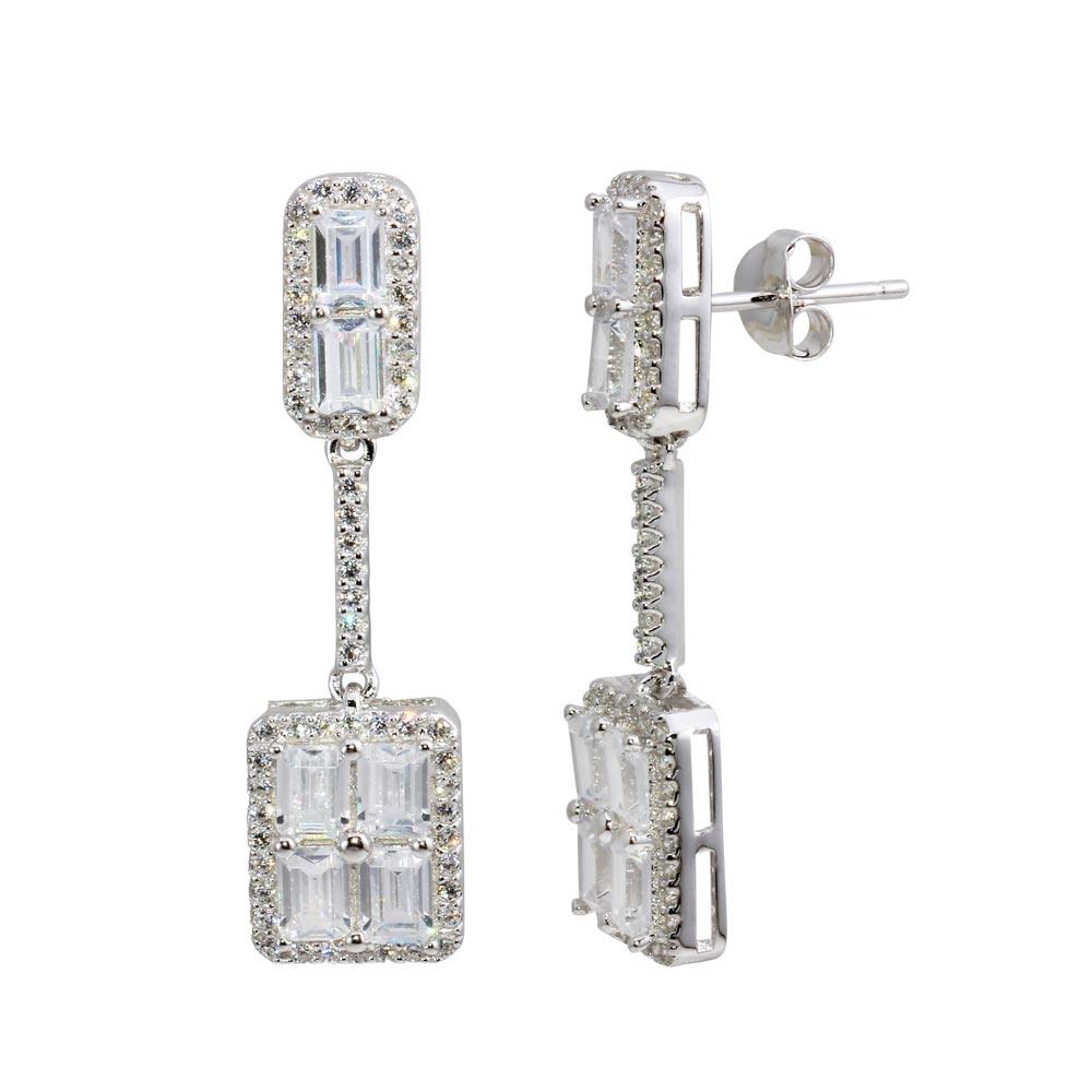 Rhodium Plated 925 Sterling Silver Dangling Bar and Square Earrings with CZ - BGE00595