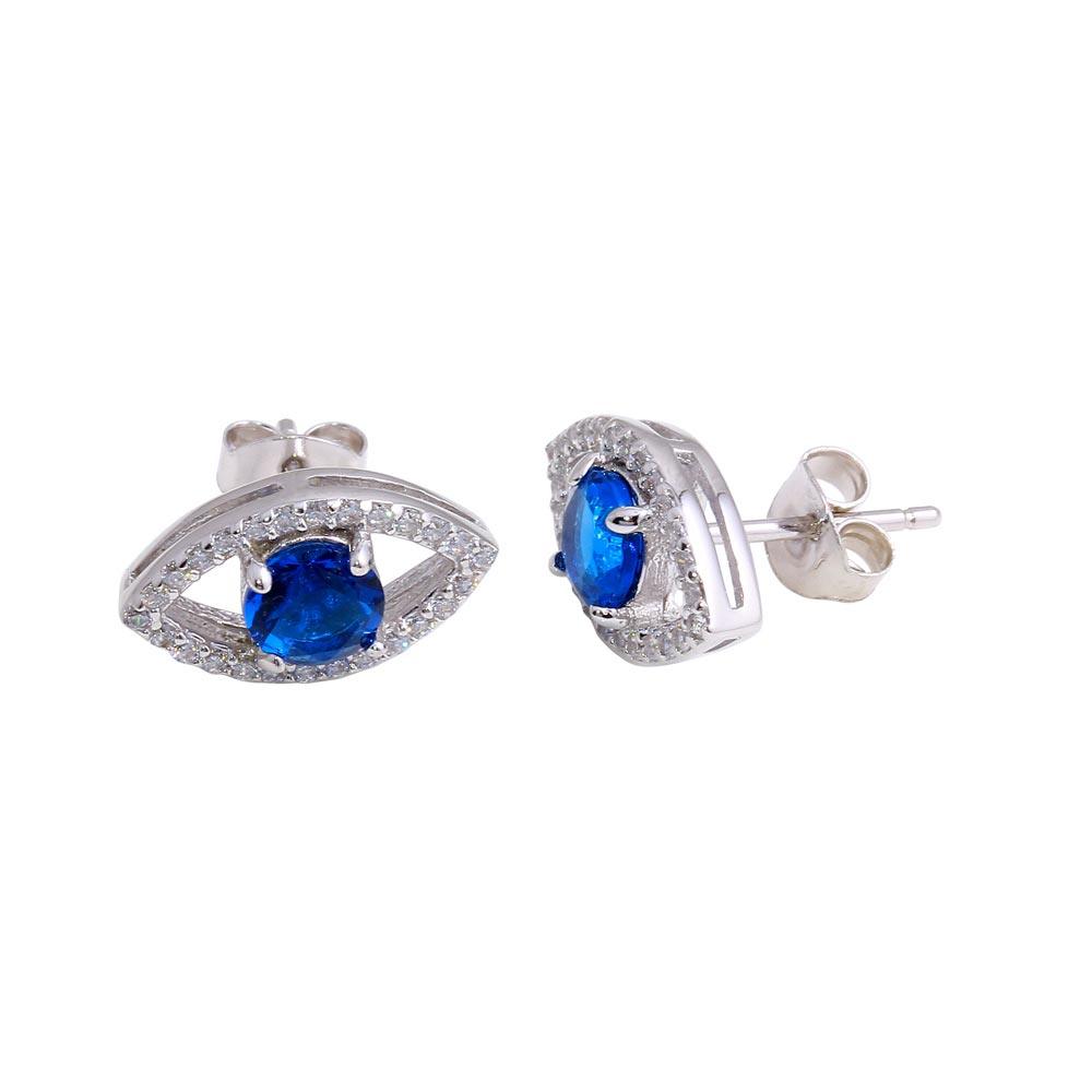 Rhodium Plated 925 Sterling Silver Blue CZ Center Evil Eye Stud Earrings - BGE00600