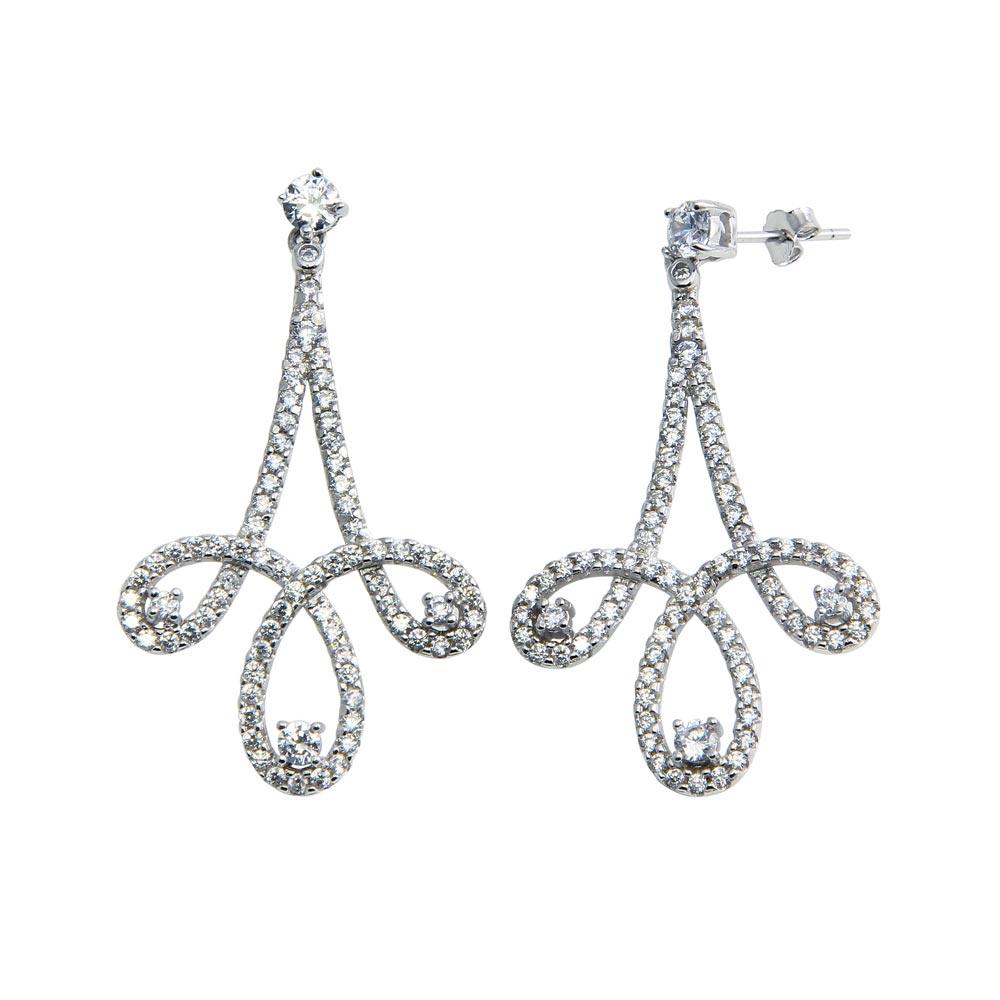 Rhodium Plated 925 Sterling Silver Dangling Curvy Earrings with CZ - BGE00603