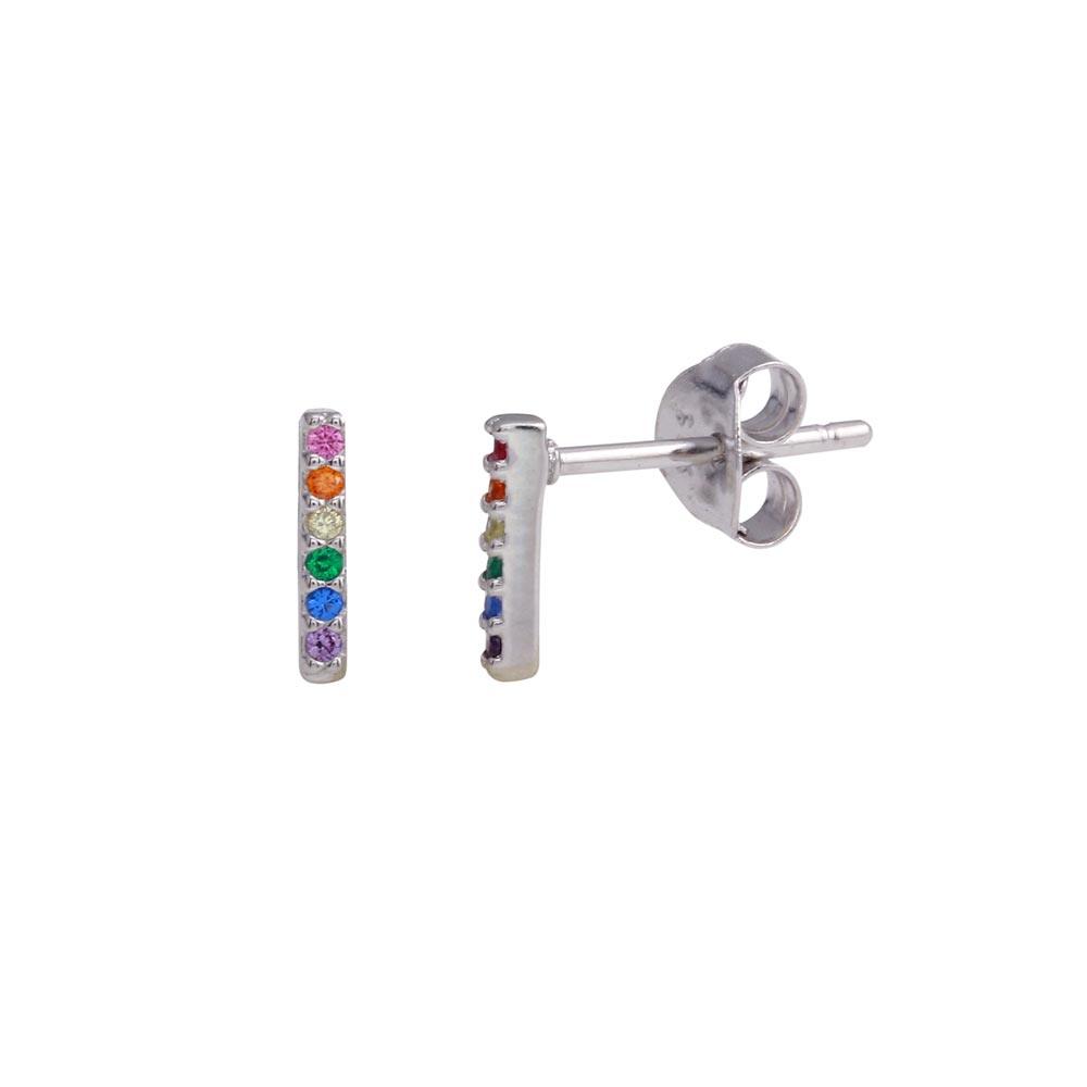 Rhodium Plated 925 Sterling Silver Stud Bar Earrings with Multi-Colored CZ - BGE00610