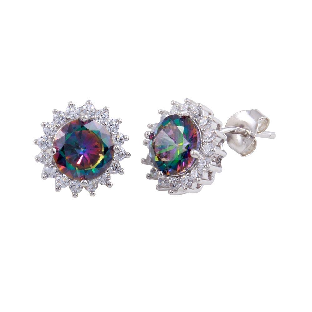 Rhodium Plated 925 Sterling Silver Halo Synthetic Mystic Topaz Earrings - BGE00615