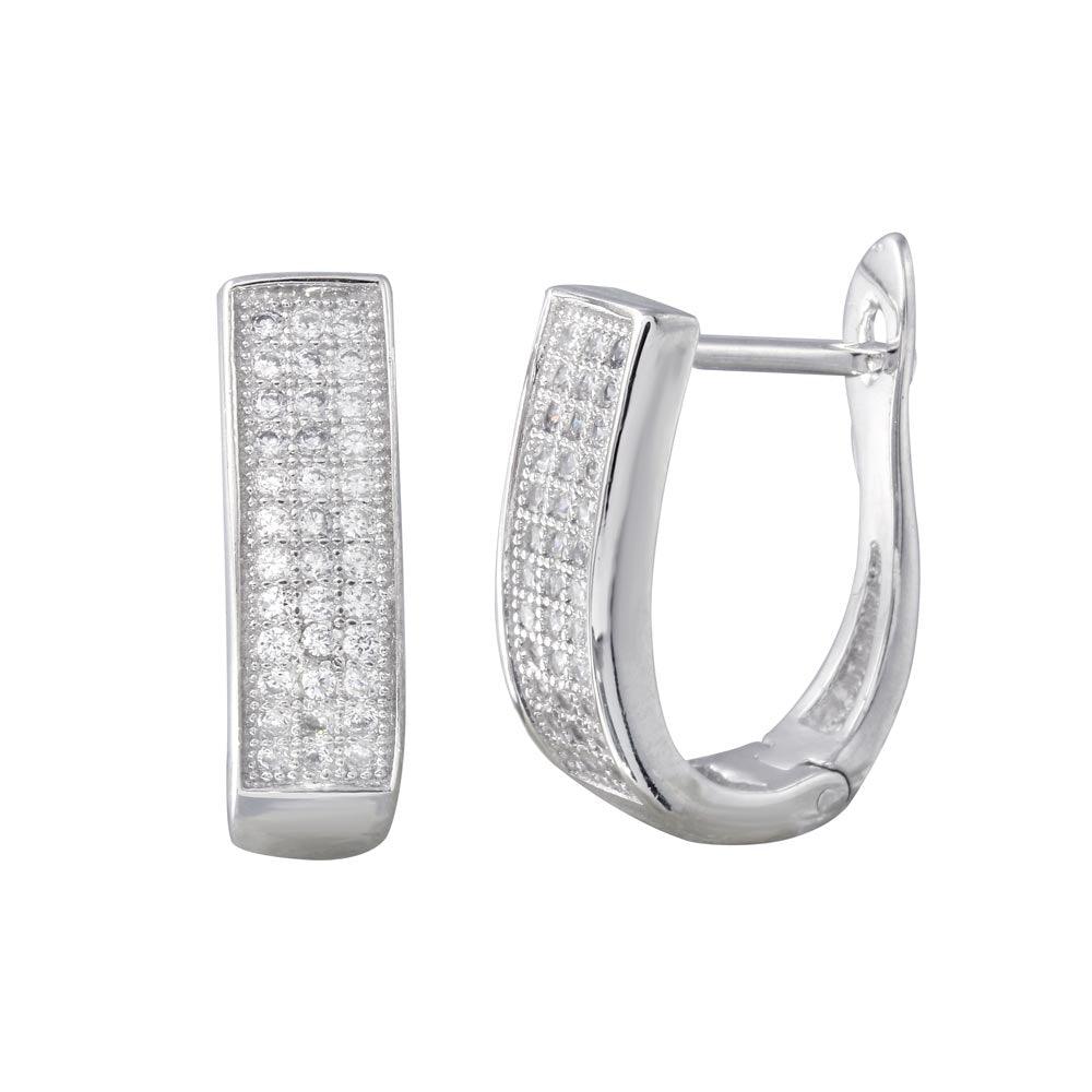 Rhodium Plated 925 Sterling Silver Round CZ Oval Inlay Hoop Earrings - BGE00617