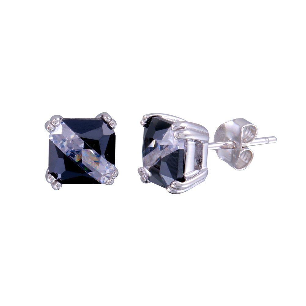 Rhodium Plated 925 Sterling Two-Tone 925 Sterling Silver Square CZ Stud Earrings - BGE00621