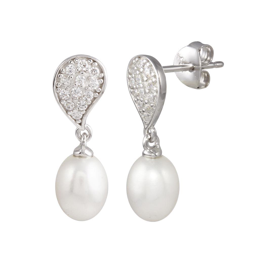 Rhodium Plated 925 Sterling Silver CZ Encrusted Teardrop Dangling Pearl Earring - BGE00629