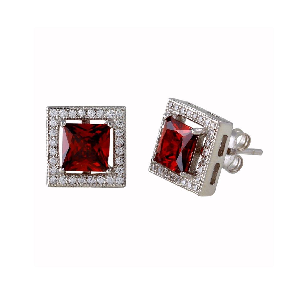 Rhodium Plated 925 Sterling Silver Red Halo Square CZ Stud Earrings - BGE00632RED