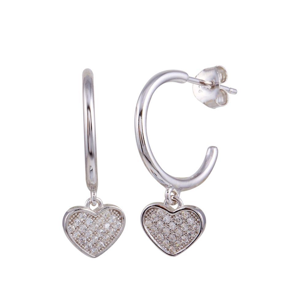 Rhodium Plated 925 Sterling Silver Semi Hoop CZ Heart Shaped Earrings - BGE00636