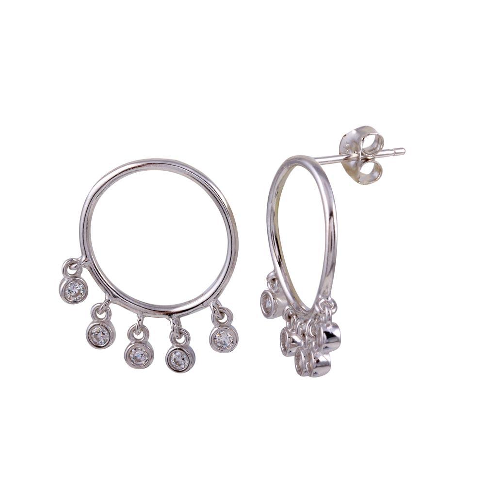 Rhodium Plated 925 Sterling Silver Dangling Open Circle CZ Earrings - BGE00644