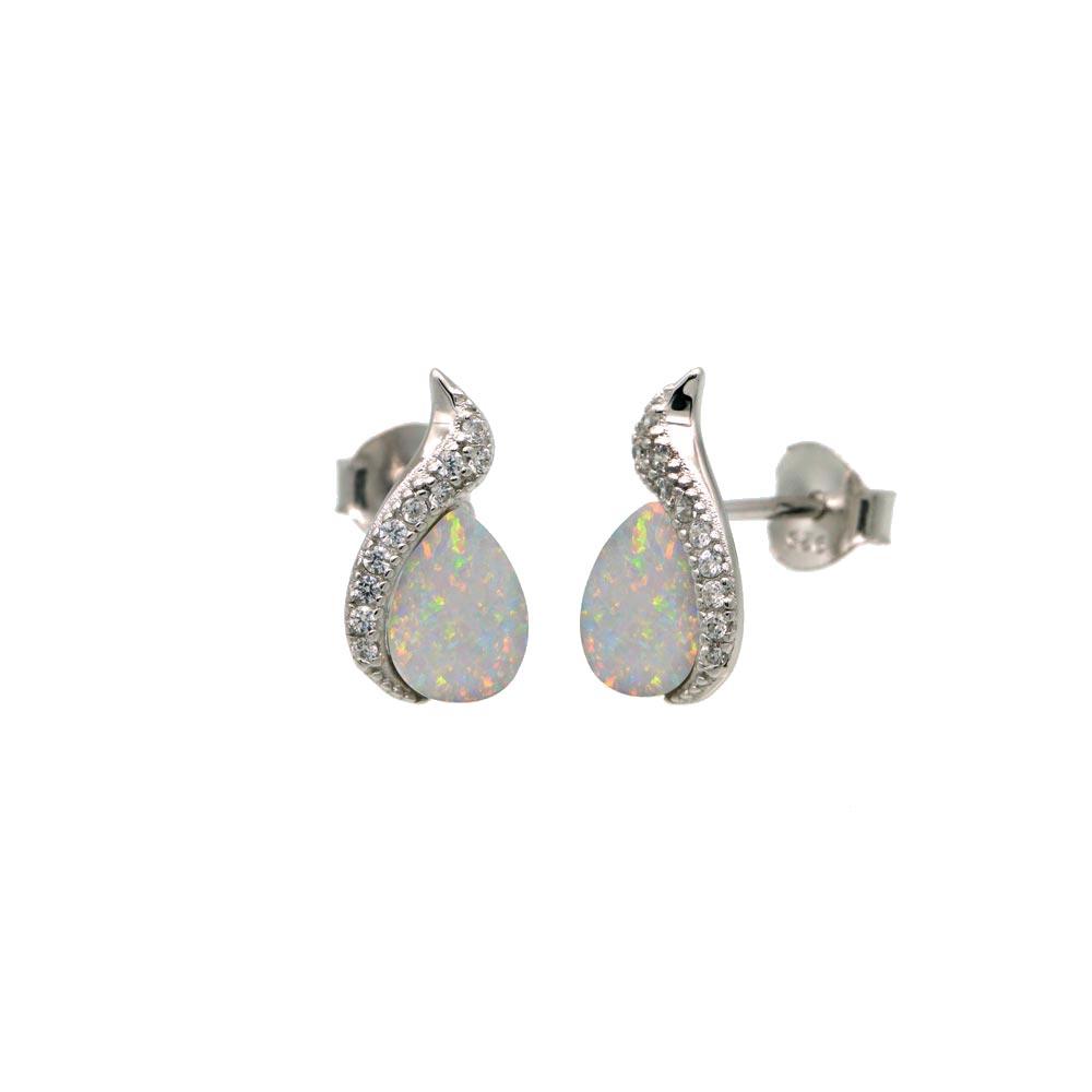 Rhodium Plated 925 Sterling Silver Teardrop Synthetic Opal CZ Stud Earring - BGE00654