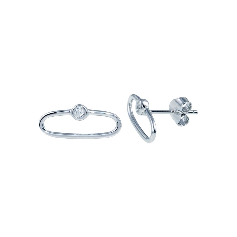 Rhodium Plated 925 Sterling Silver CZ Paperclip Stud Earring - BGE00672