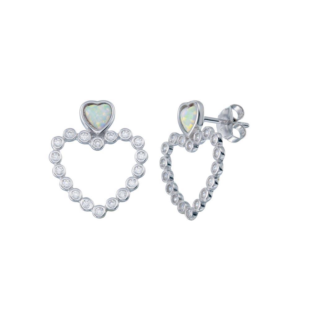 Rhodium Plated 925 Sterling Silver Open Heart Bubble CZ Stud Earring - BGE00673