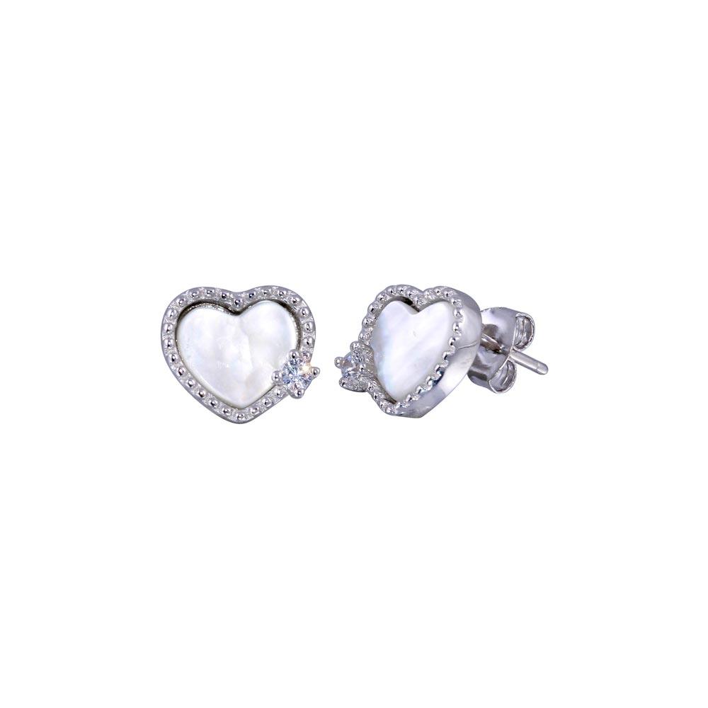 Rhodium Plated 925 Sterling Silver CZ Mother Pearl Heart Stud Earring - BGE00677