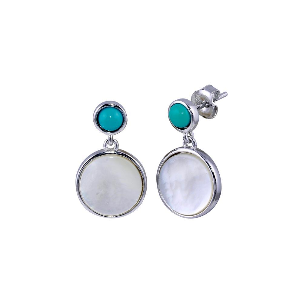 Rhodium Plated 925 Sterling Silver Turquoise Stud Dangling MOP  Earring - BGE00678