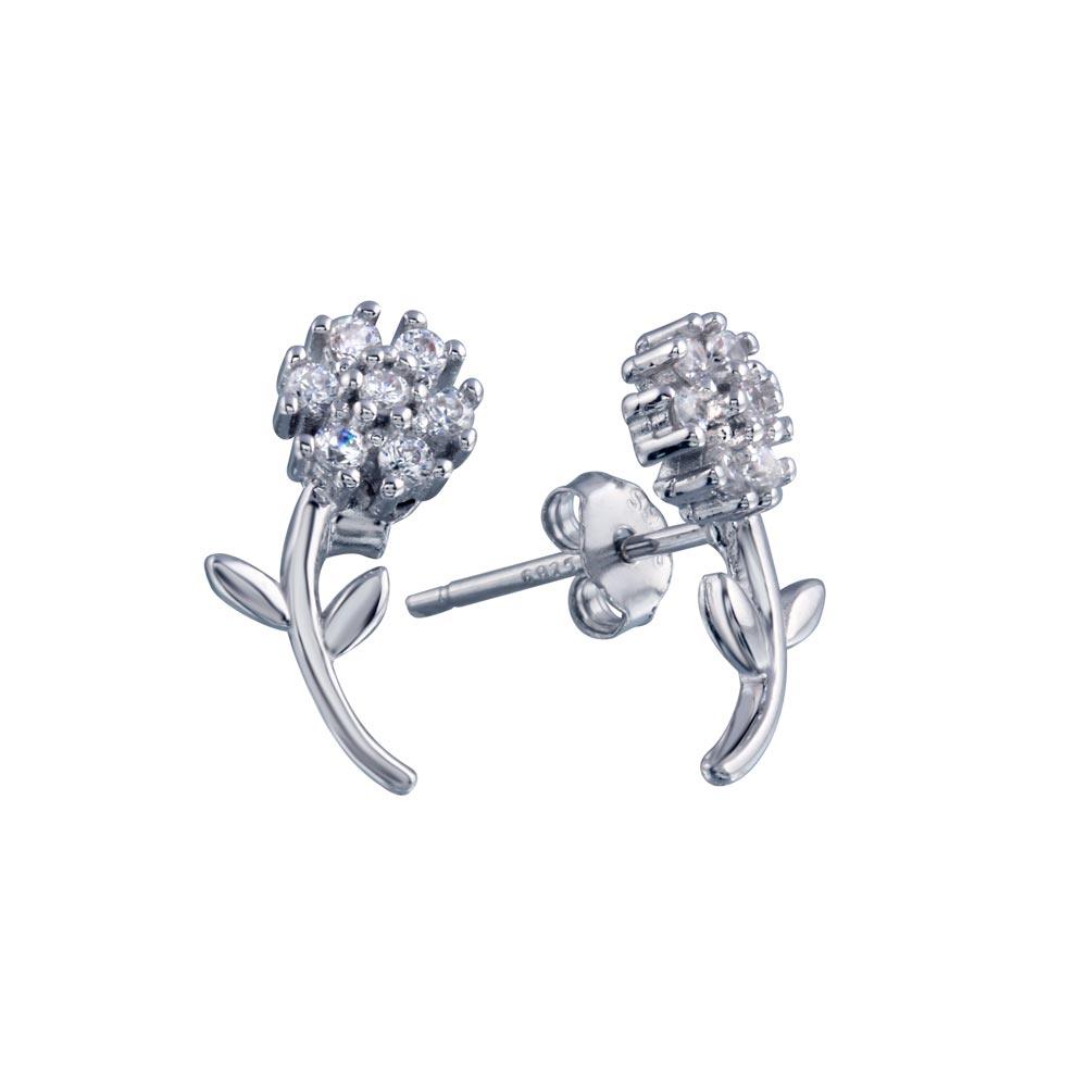 Rhodium Plated 925 Sterling Silver Flower CZ Stud Earring - BGE00680