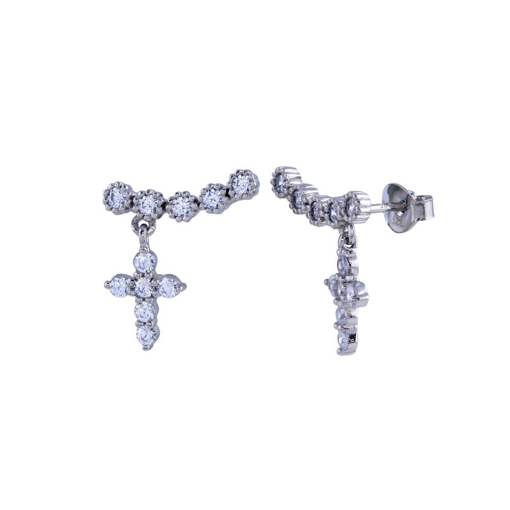 Rhodium Plated 925 Sterling Silver CZ Dangling Cross Earring - BGE00682