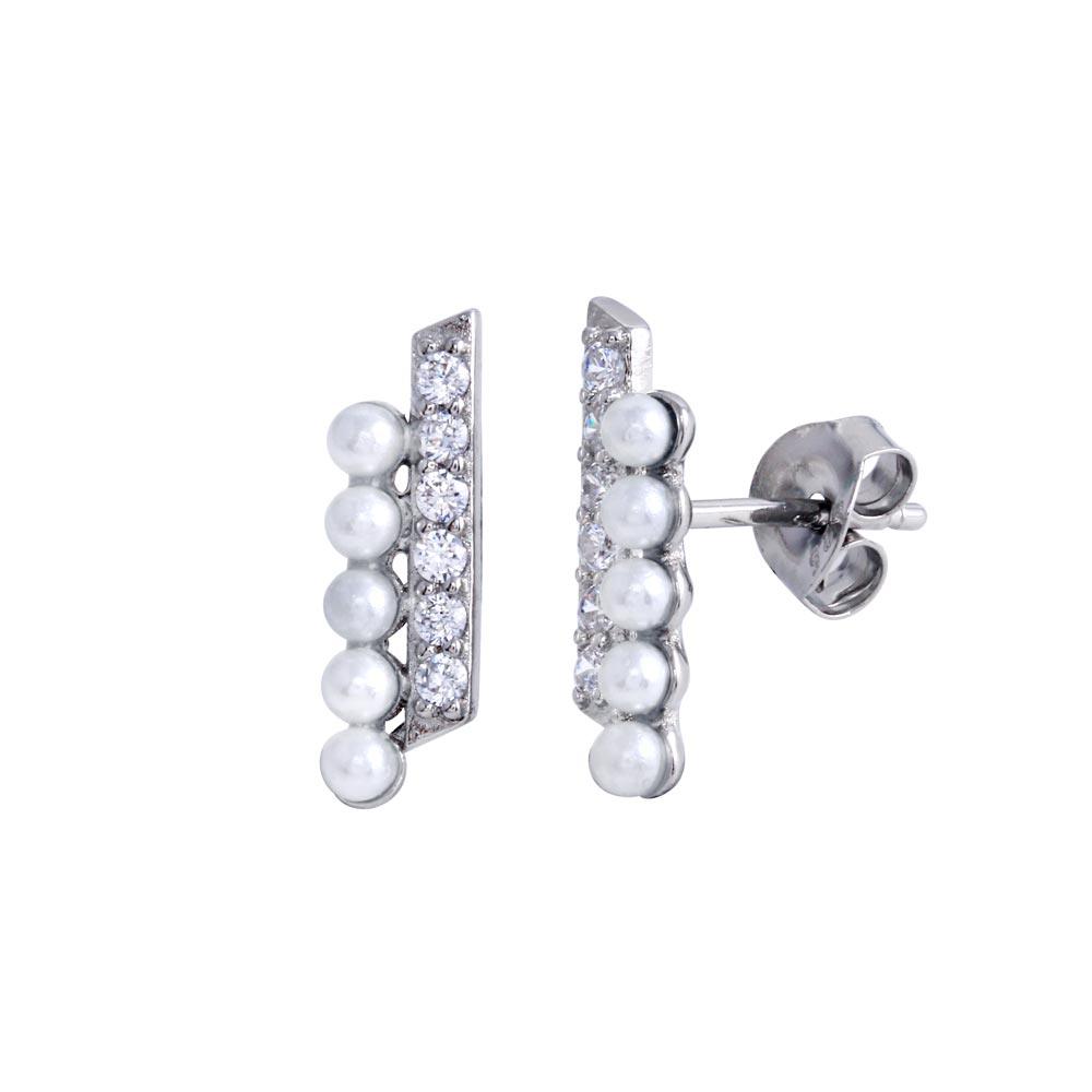 Rhodium Plated 925 Sterling Silver Vertical Pearl and Clear CZ Earring - BGE00690