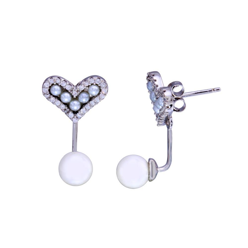 Rhodium Plated 925 Sterling Silver Heart Mother Of Pearl CZ Earring - BGE00691