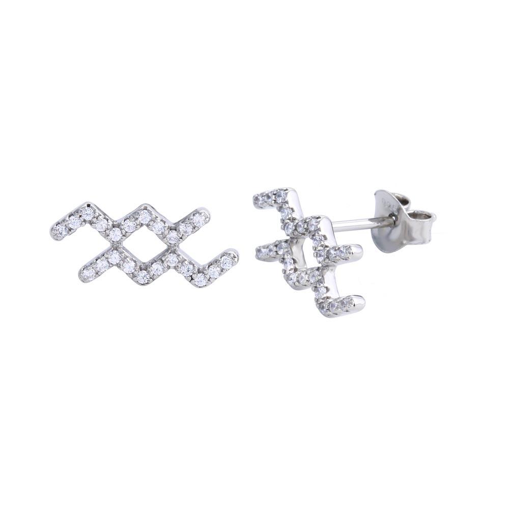 Platinum Plated 925 Sterling Silver Aquarius CZ Zodiac Sign Earring - BGE00695