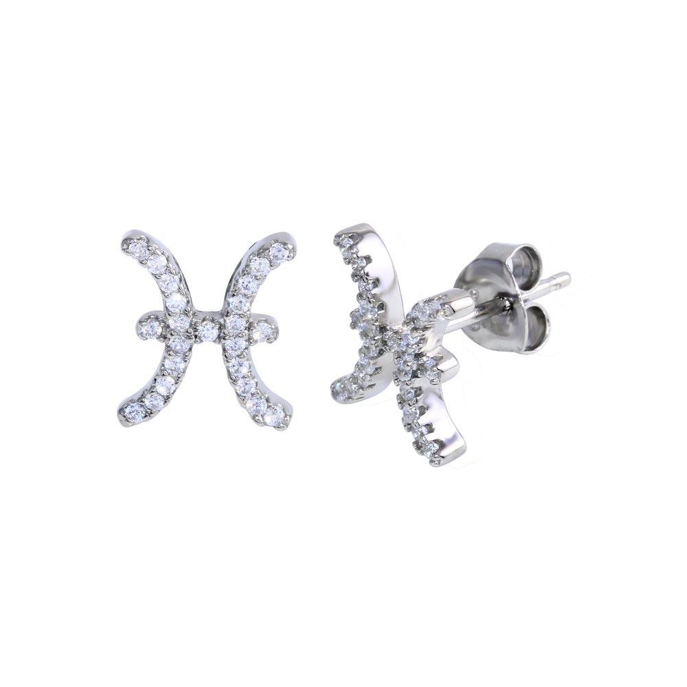 Platinum Plated 925 Sterling Silver Pisces CZ Zodiac Sign Earring - BGE00696