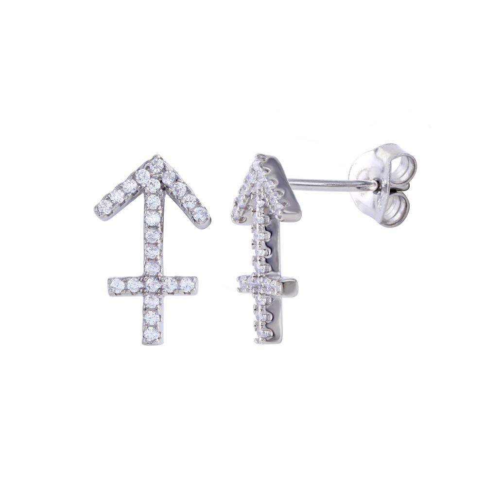 Platinum Plated 925 Sterling Silver Sagittarius CZ Zodiac Sign Earring - BGE00697