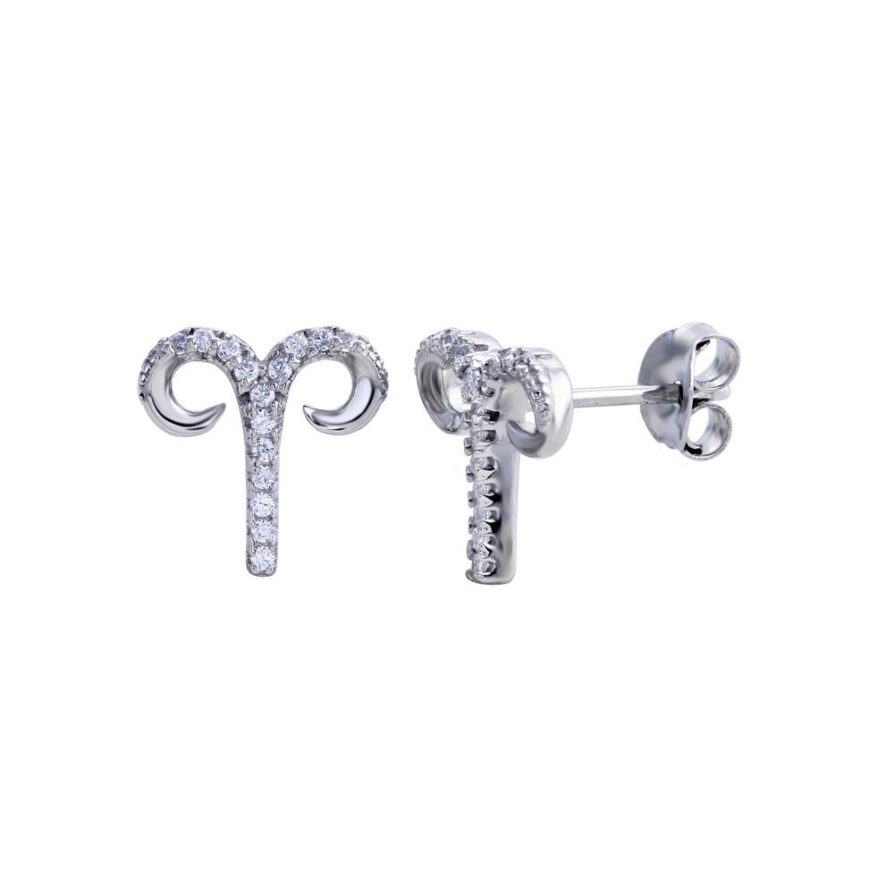 Platinum Plated 925 Sterling Silver Aries CZ Zodiac Sign Earring - BGE00700