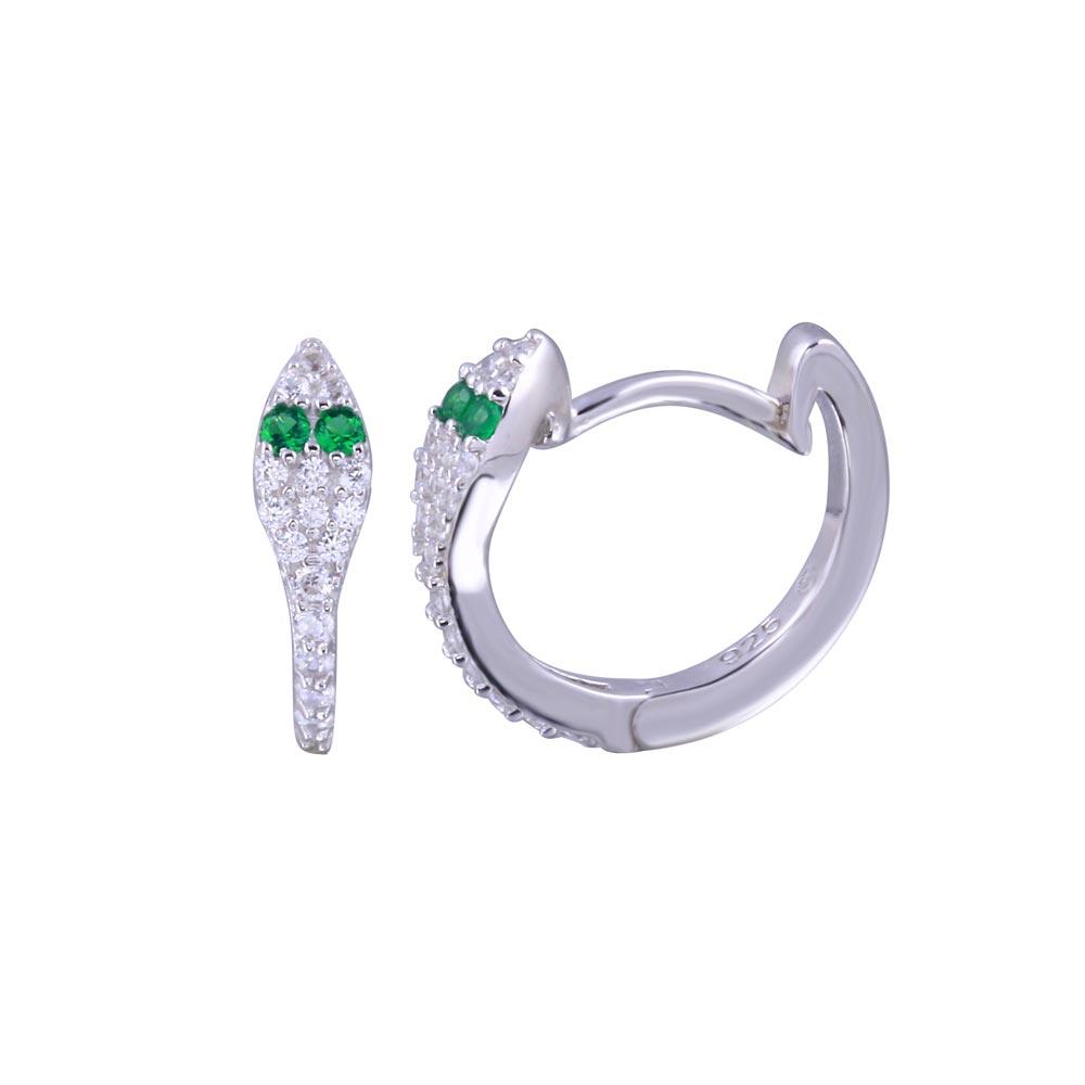 Rhodium Plated 925 Sterling Silver Snake Green and Clear CZ Earring - BGE00715