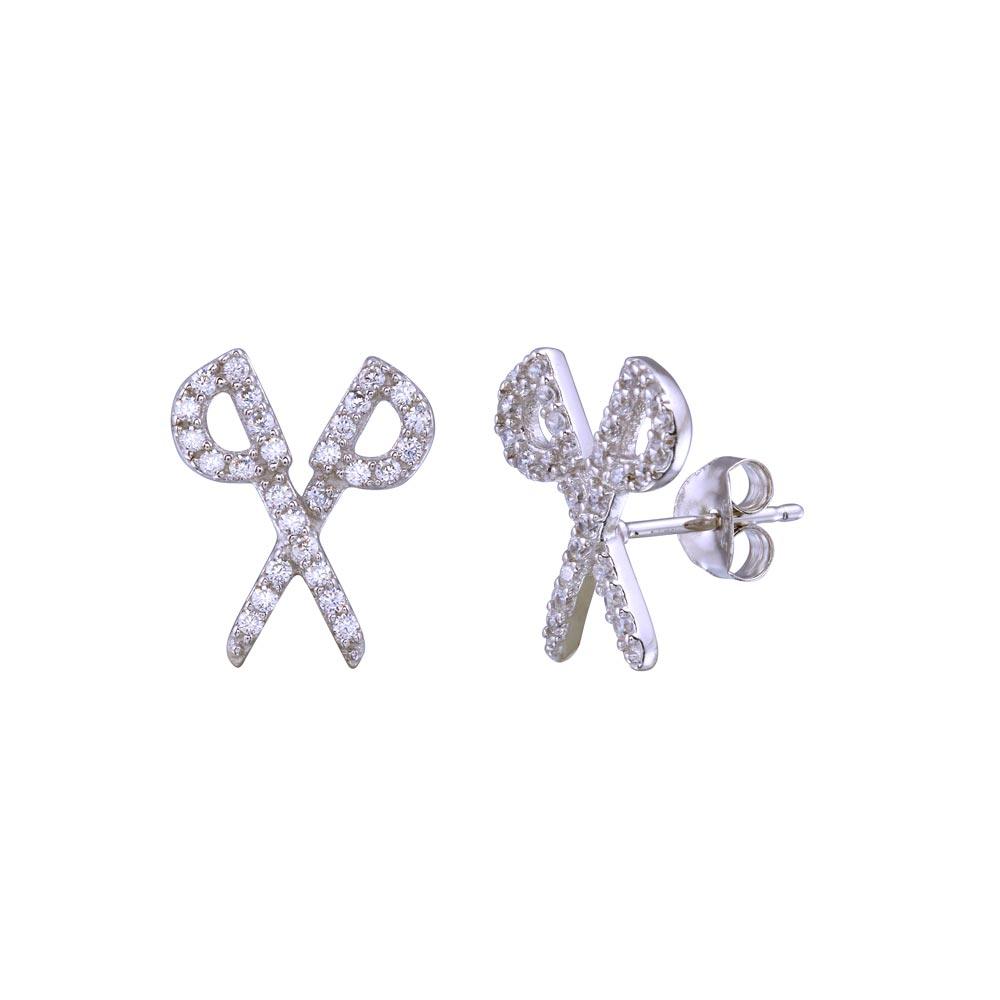 Rhodium Plated 925 Sterling Silver CZ Scissor Earring - BGE00717