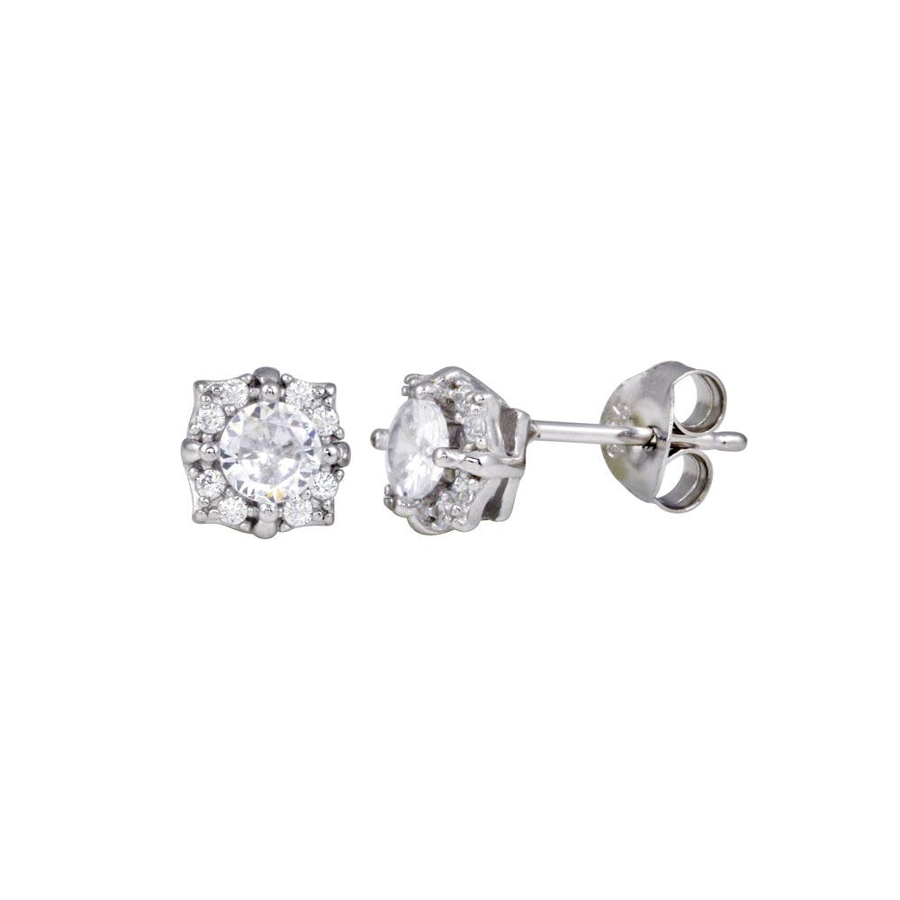 Rhodium Plated 925 Sterling Silver CZ Flower Earring - BGE00723