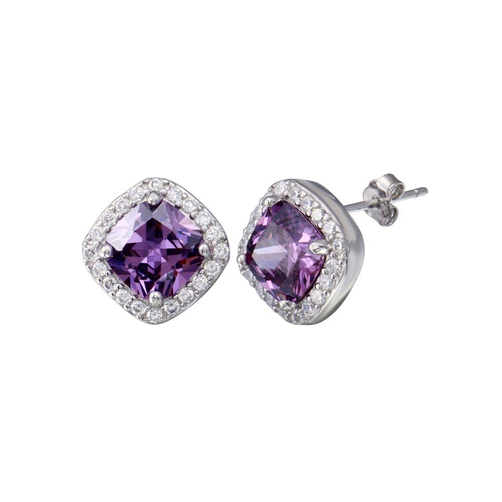 Rhodium Plated 925 Sterling Silver Square Amethyst Clear CZ Stud Earring - BGE00727