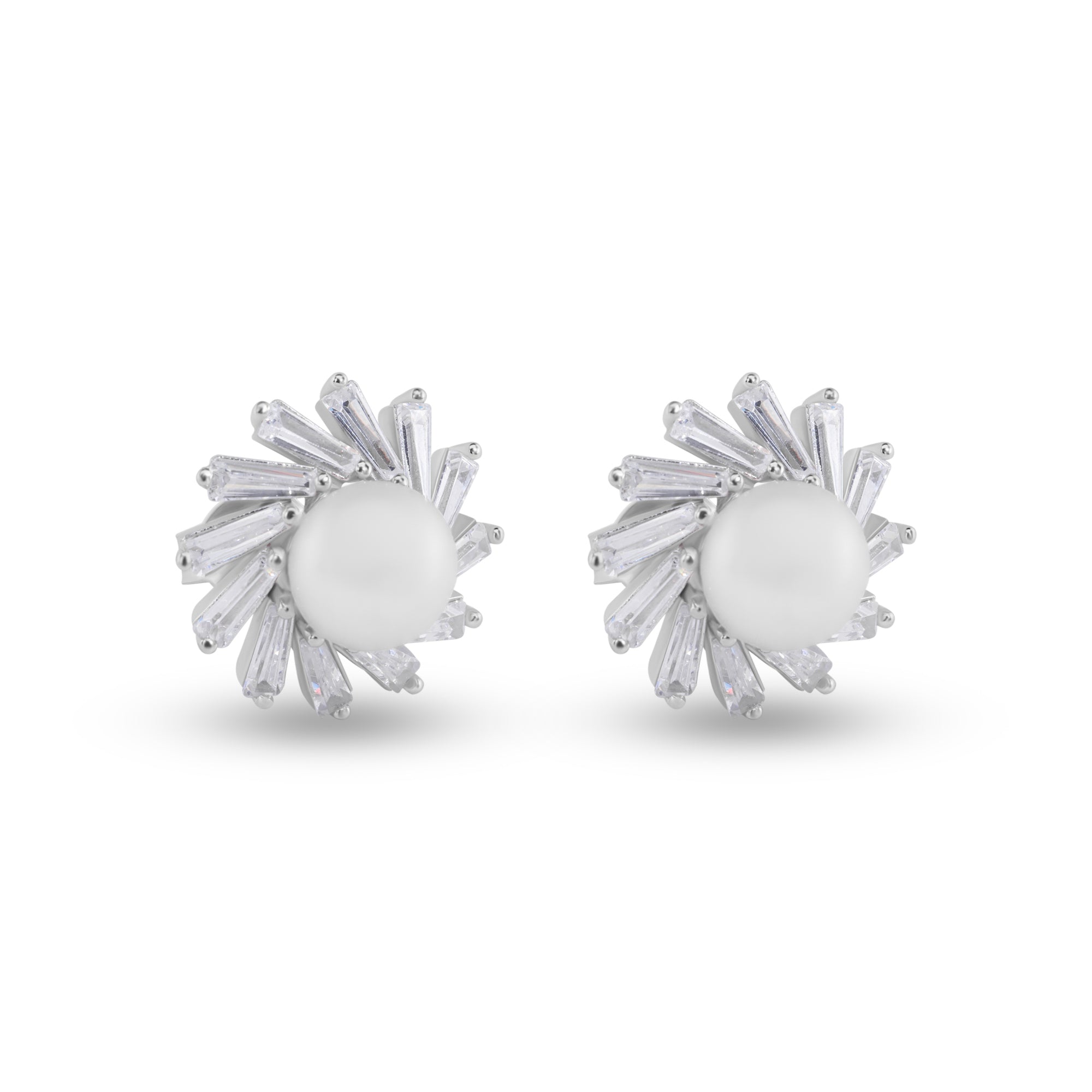 Rhodium Plated 925 Sterling Silver Water Pearl Clear Baguette CZ Stud Earrings - BGE00735