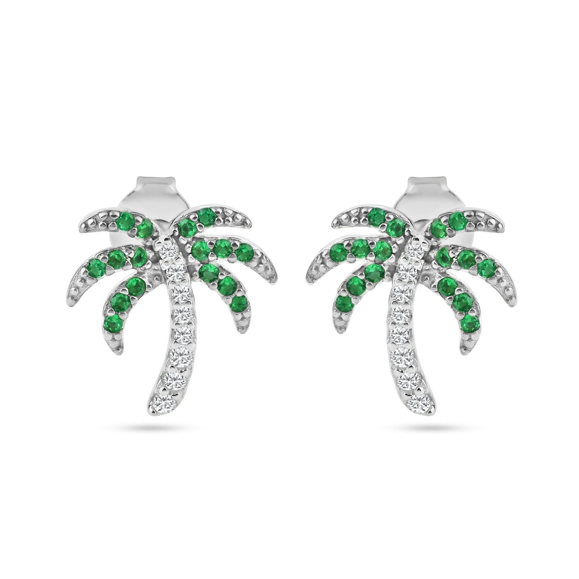 Rhodium Plated 925 Sterling Silver PalmTree Clear, Green and Black CZ Stud Earring - BGE00737