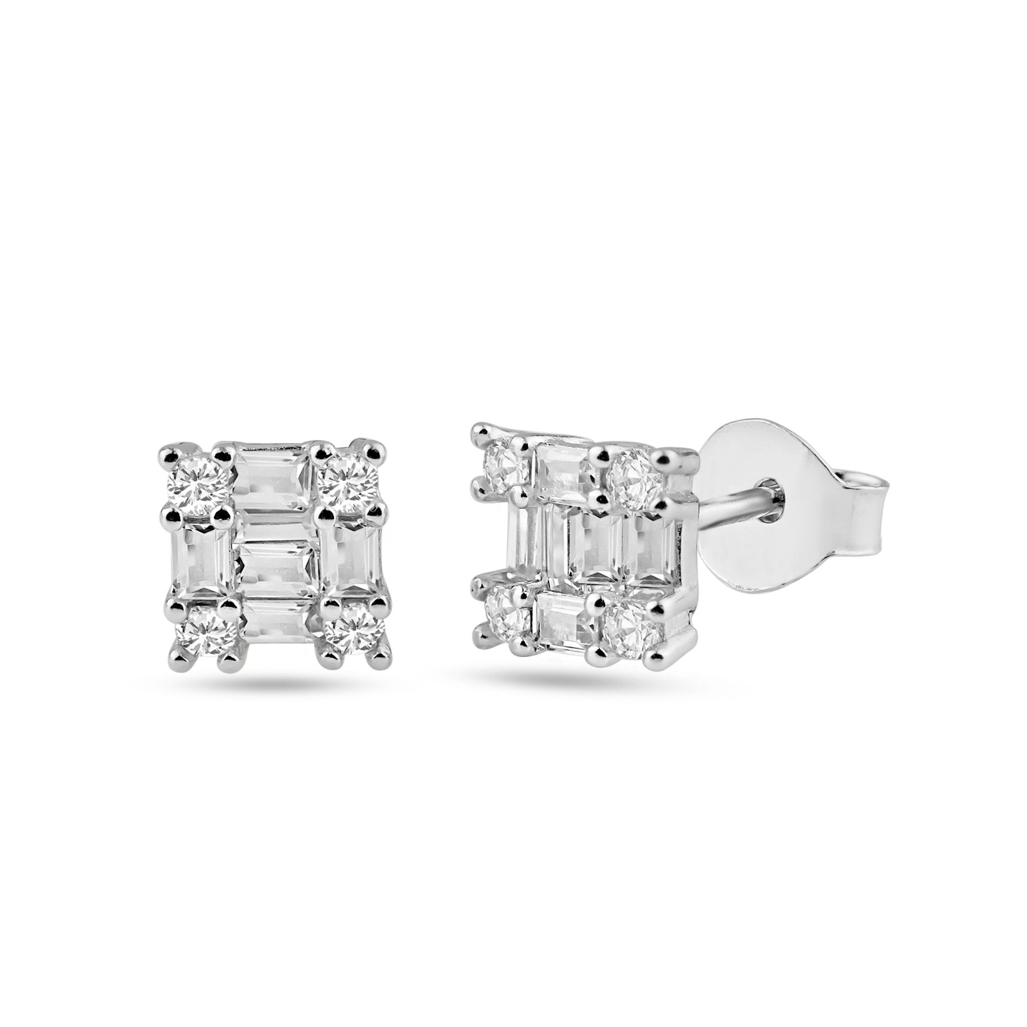 Rhodium Plated 925 Sterling Silver Square Clear CZ 6.3mm Stud Earring - BGE00739