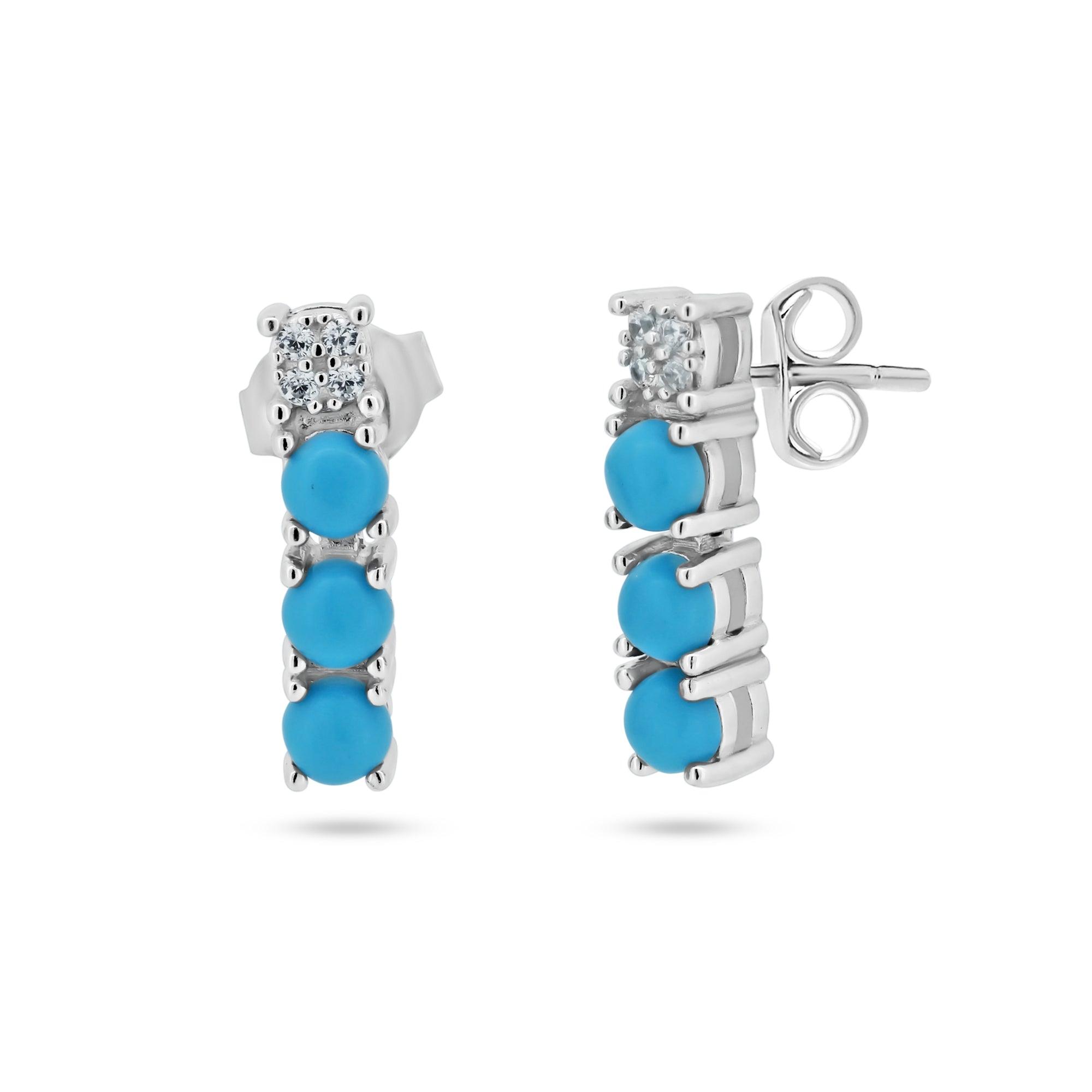 Silver Rhodium Plated Flexible Bar CZ and Synthetic Turquoise Earring - BGE00740