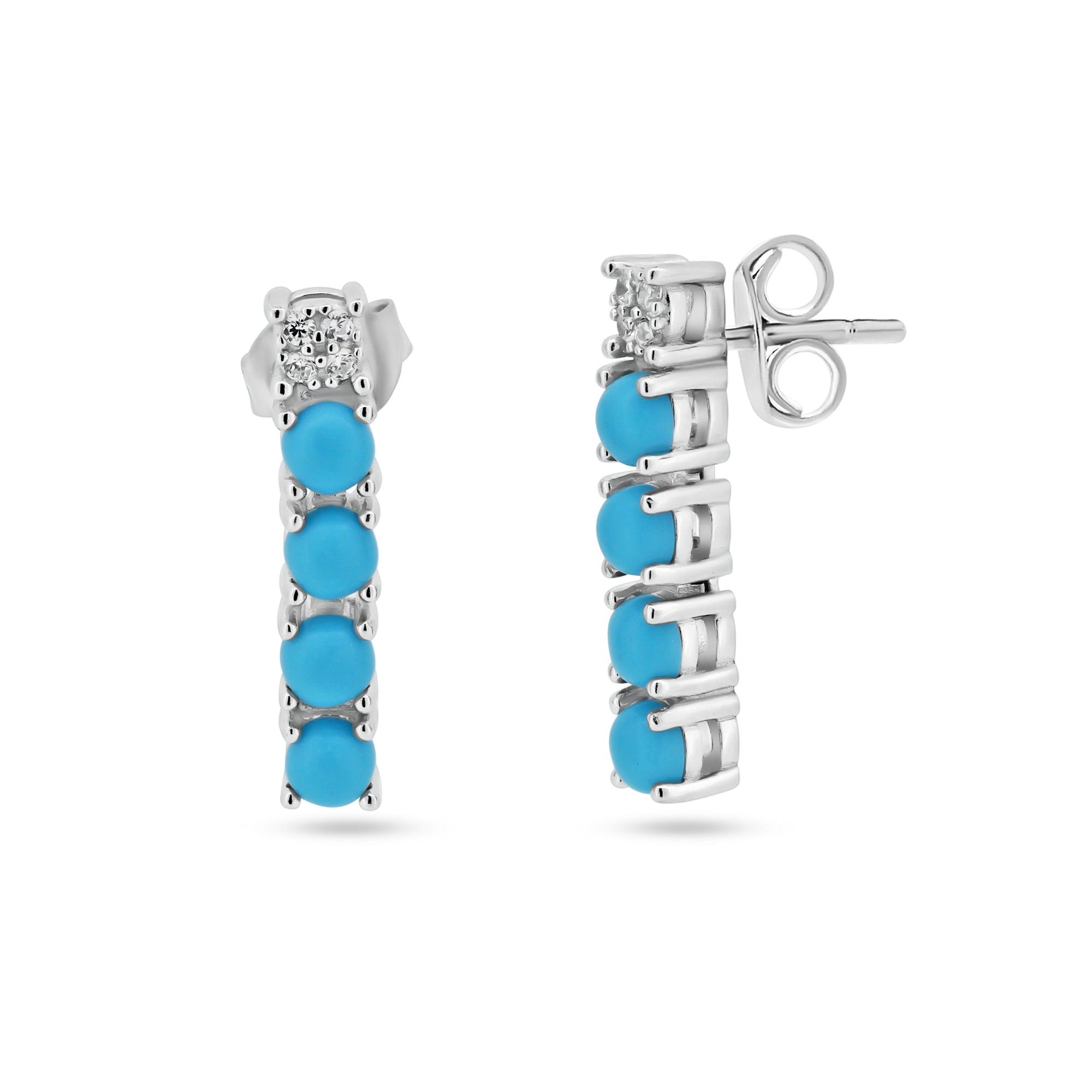 Silver Rhodium Plated Flexible Bar CZ and Synthetic Turquoise Earring - BGE00741