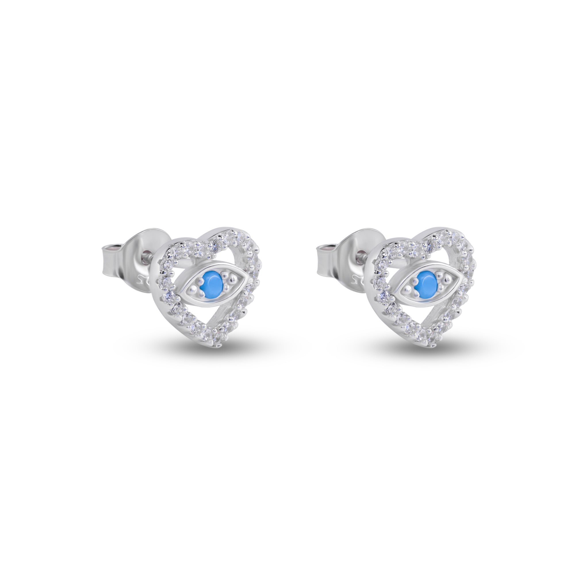 Rhodium Plated 925 Sterling Silver Evil Eye Heart Clear CZ Stud Earrings - BGE00750