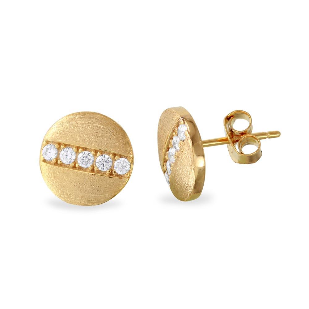 Gold Plated 925 Sterling Silver Matte Finish Round Studs with Round CZ - BGE00517