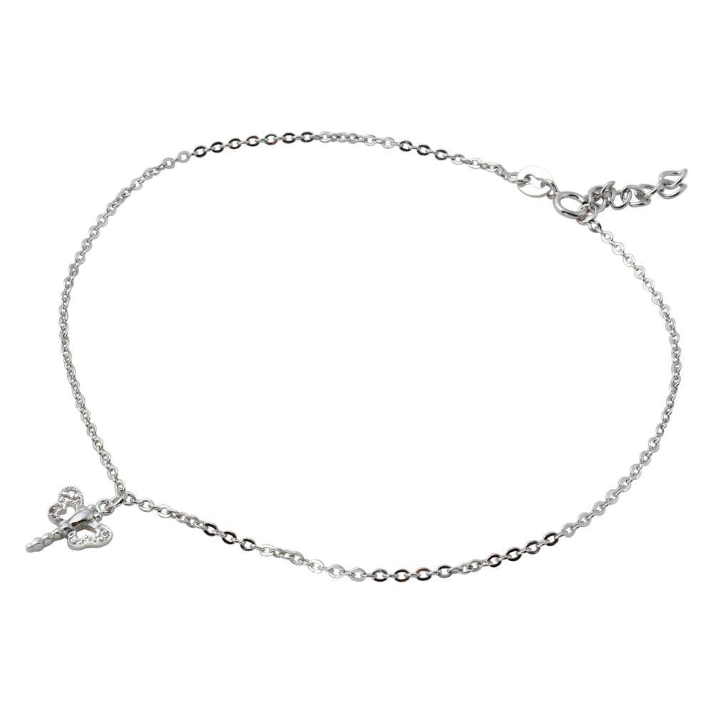 Rhodium Plated 925 Sterling Silver Dangling Dragonfly Anklet with CZ - BGF00011