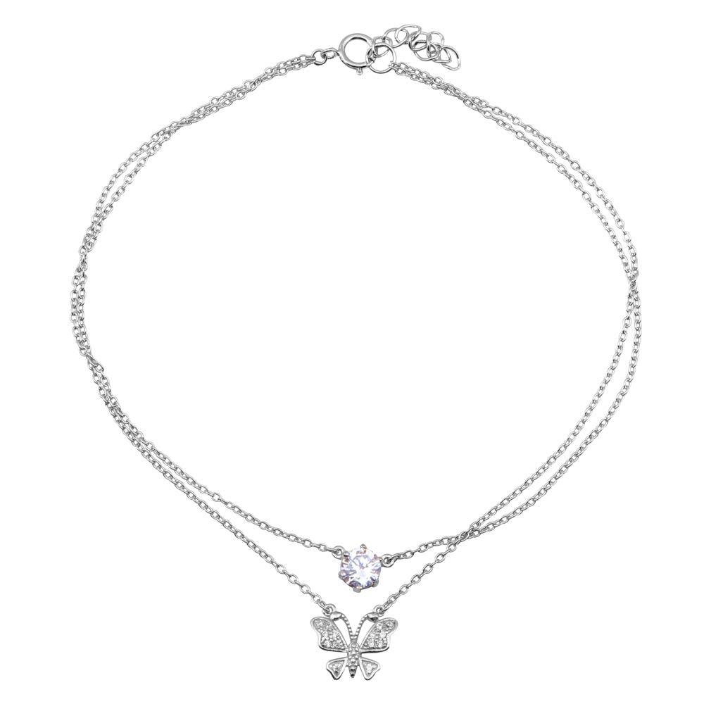 Rhodium Plated 925 Sterling Silver  Anklet with Butterfly and CZ - BGF00020