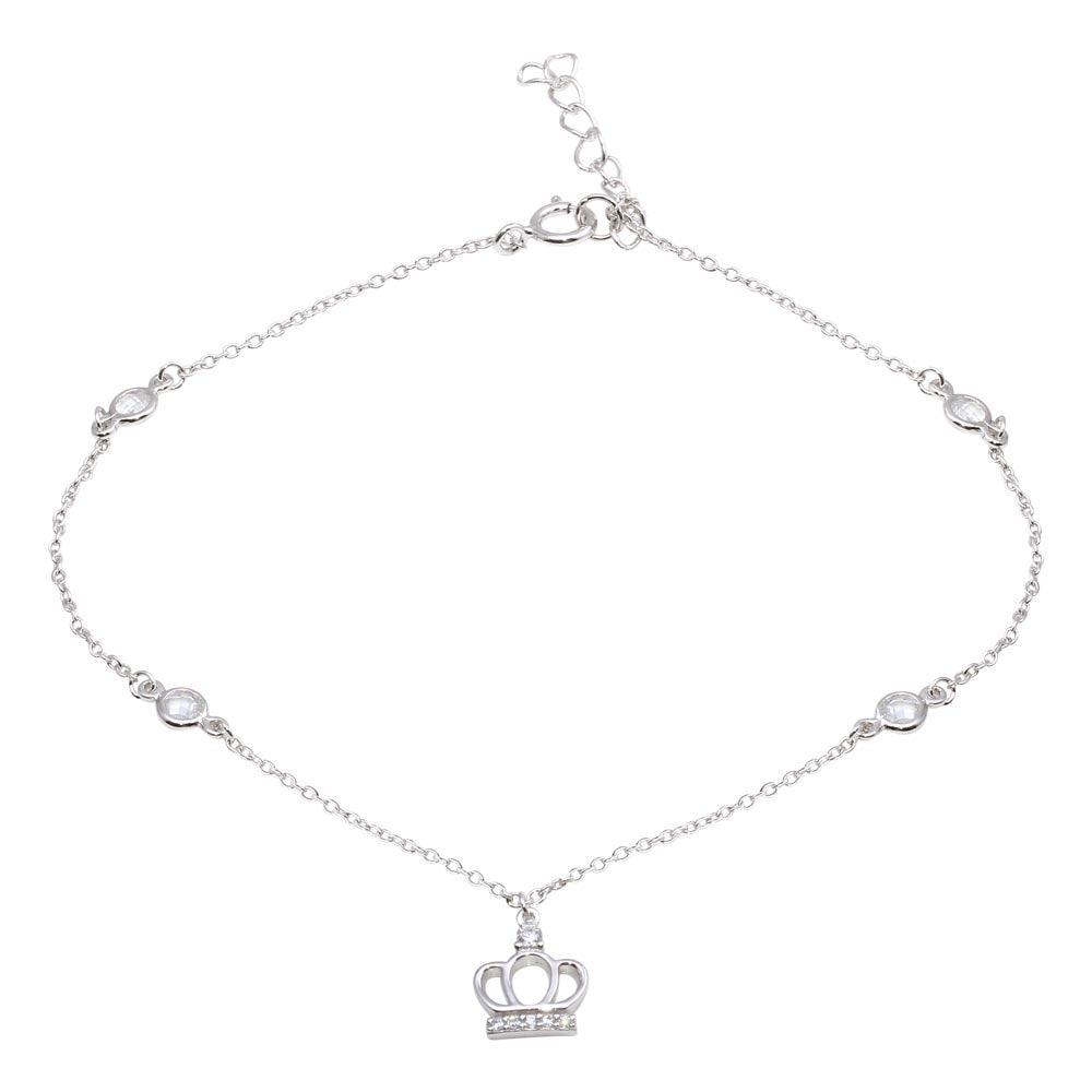 Rhodium Plated 925 Sterling Silver CZ Link Crown Charm Anklet - BGF00024