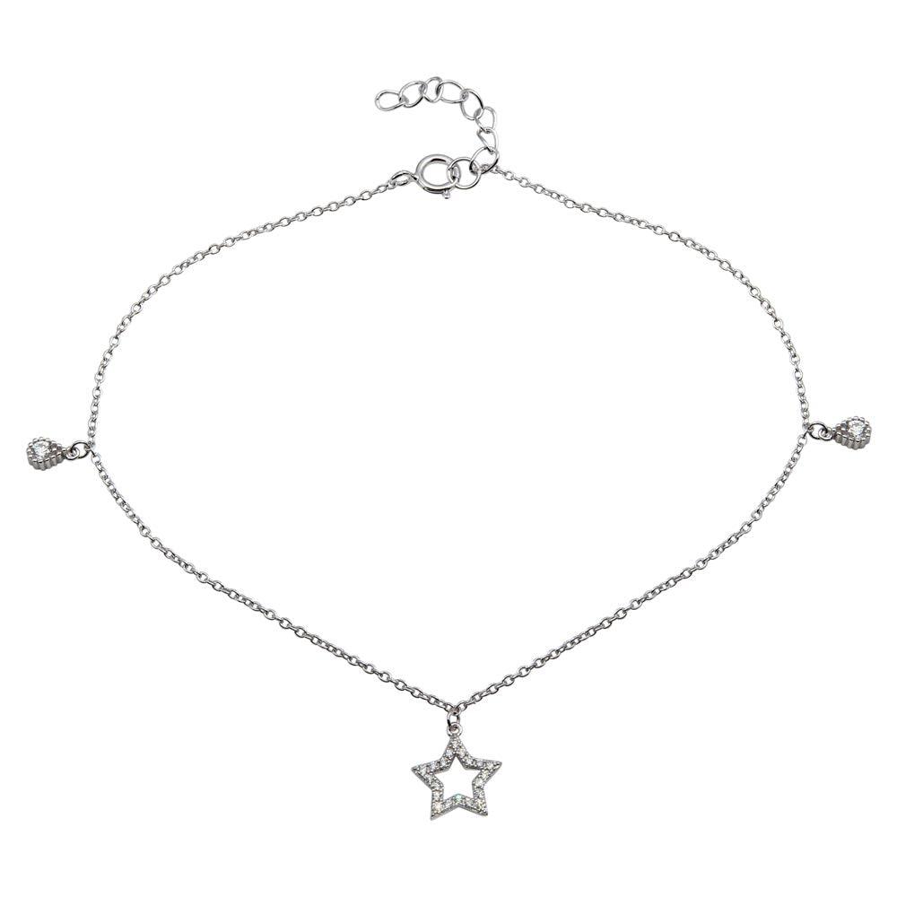 Rhodium Plated 925 Sterling Silver Star and Teardrop Charm Anklet with CZ - BGF00026